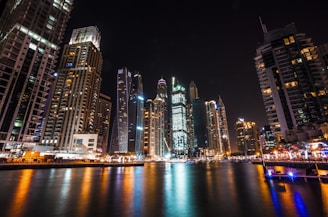 worm's eye view photography of city buildings at night