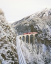 approaching red train across mountains