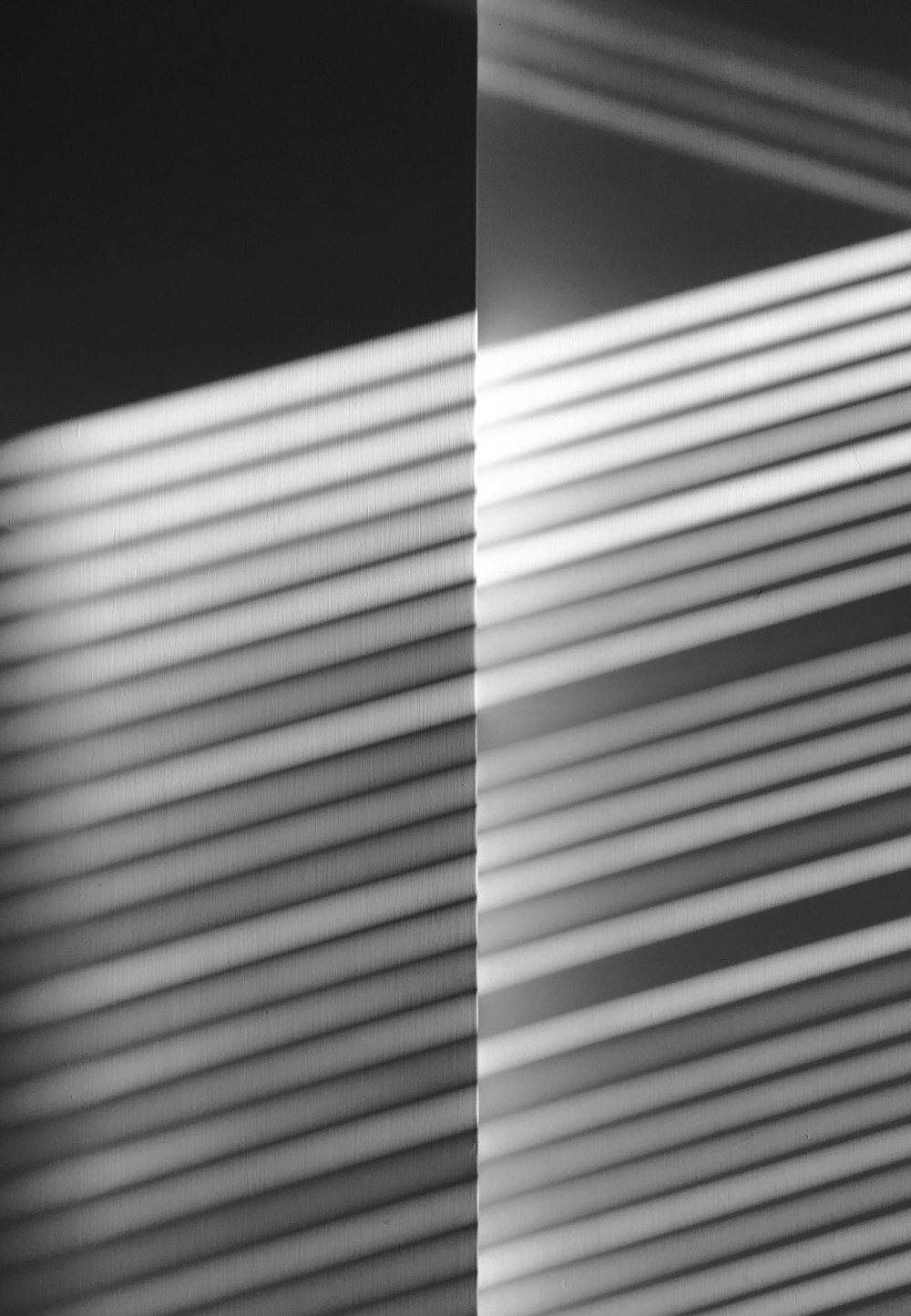 a black and white photo of a window with blinds