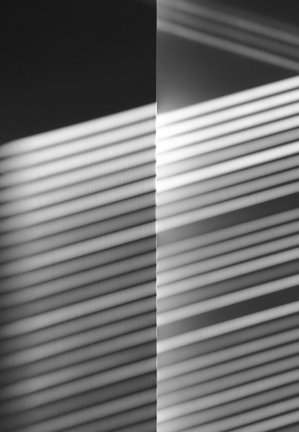 une photo en noir et blanc d’une fenêtre avec stores