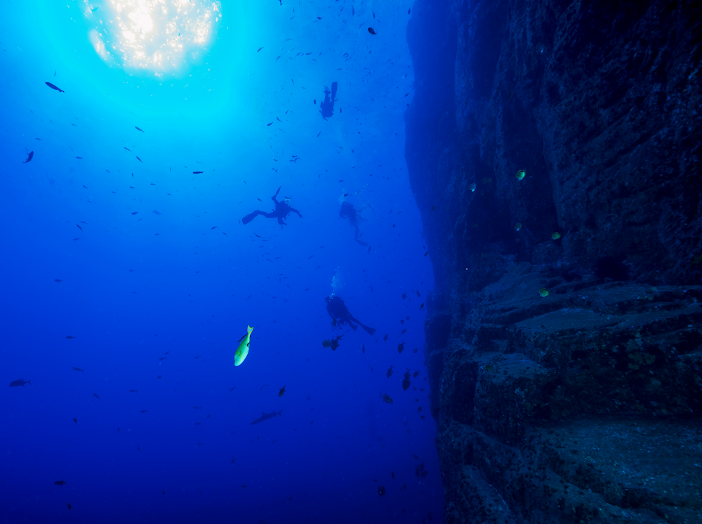 three people performing ocean diving