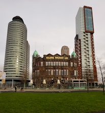 A historic building with the sign 'Holland Amerika Lijn' is flanked by two modern skyscrapers. The architecture contrasts old and new styles, with the older building featuring ornate details and the skyscrapers showing sleek, contemporary designs. In the foreground, there is a green lawn, and a few people are walking nearby.