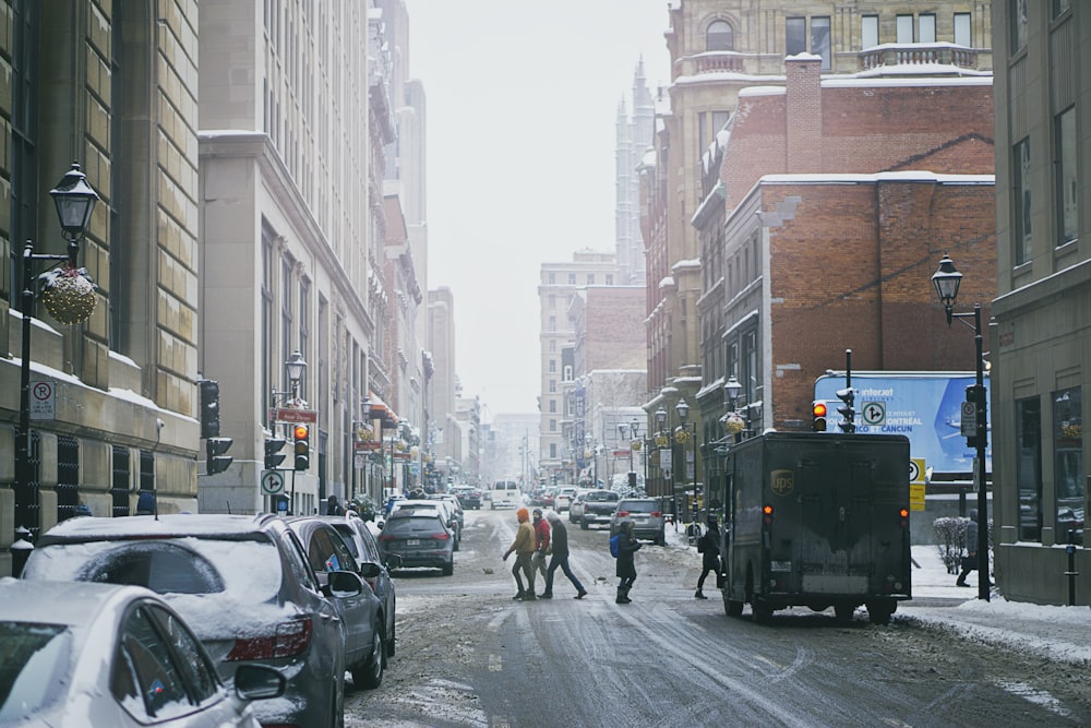 several people walking across the street