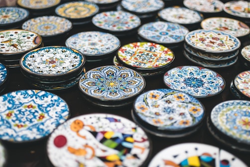 A collection of finished resin coasters on display.