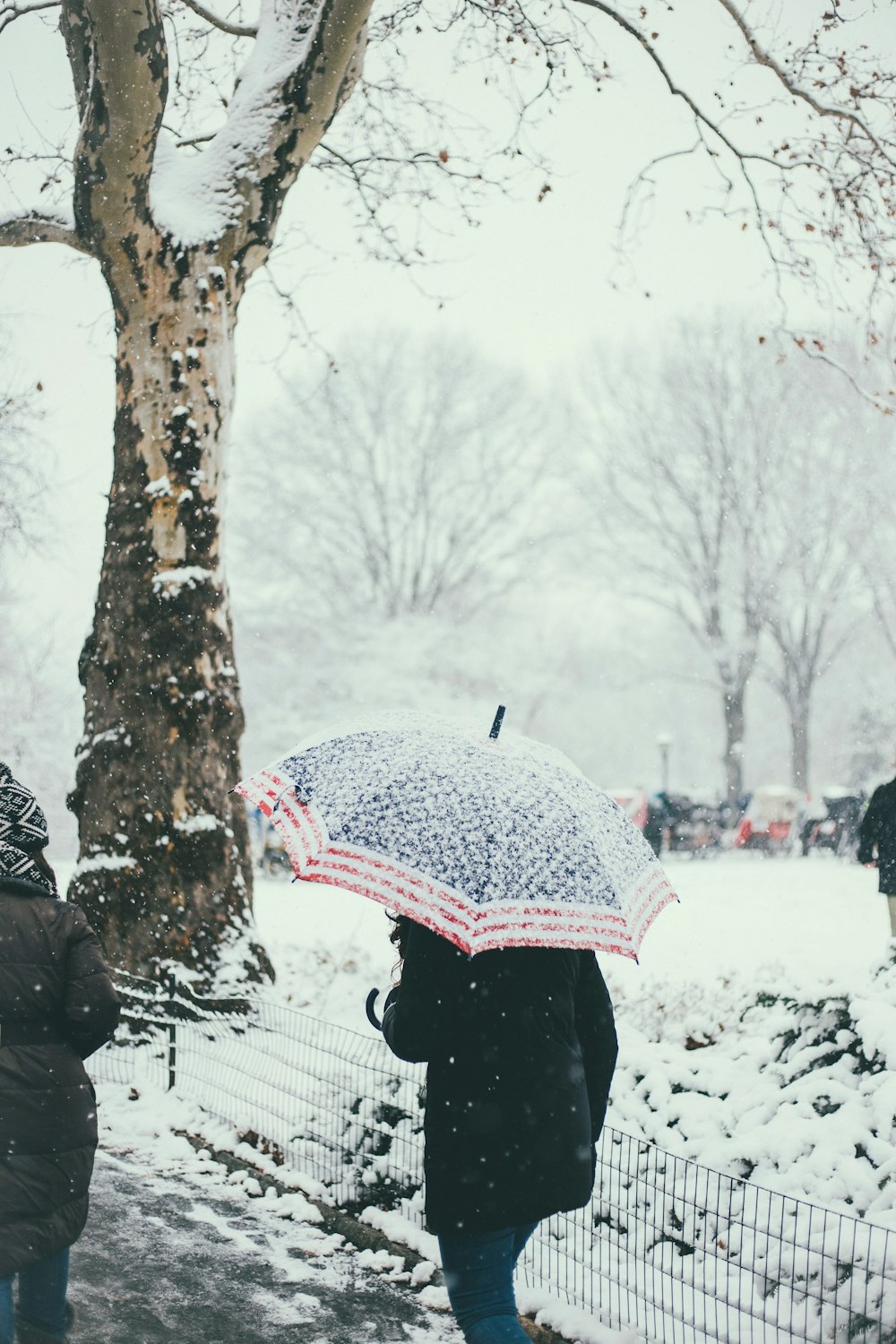 雪の降る日、傘をさして歩く人