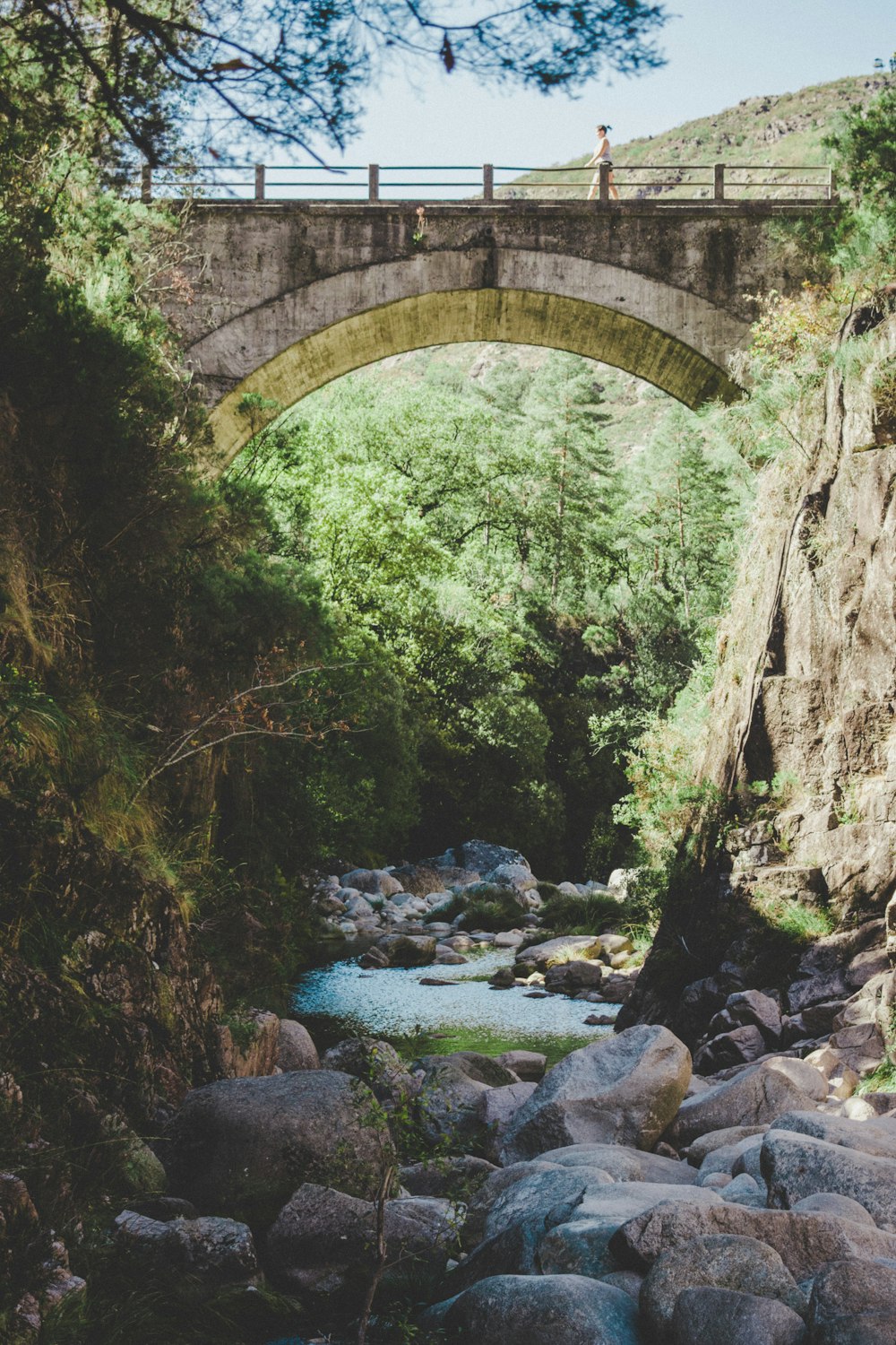 person walking on bridge