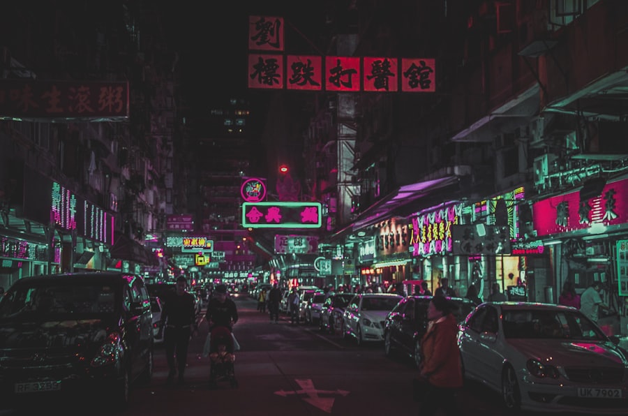 People walking on Hong Kong street at night