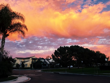 A cozy neighborhood street lined with charming homes under a soft sunset glow.