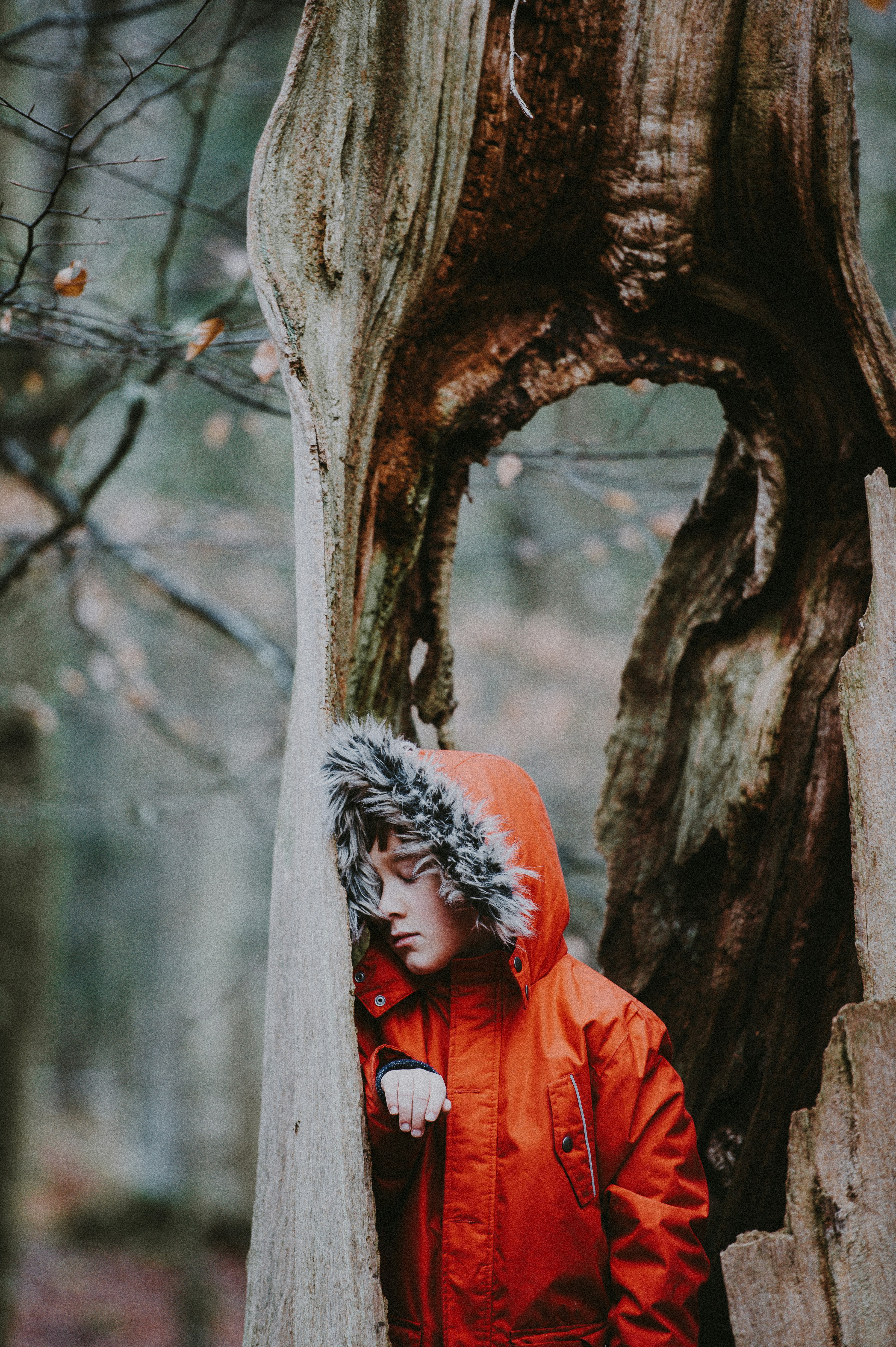 boy leaning on tree trunk