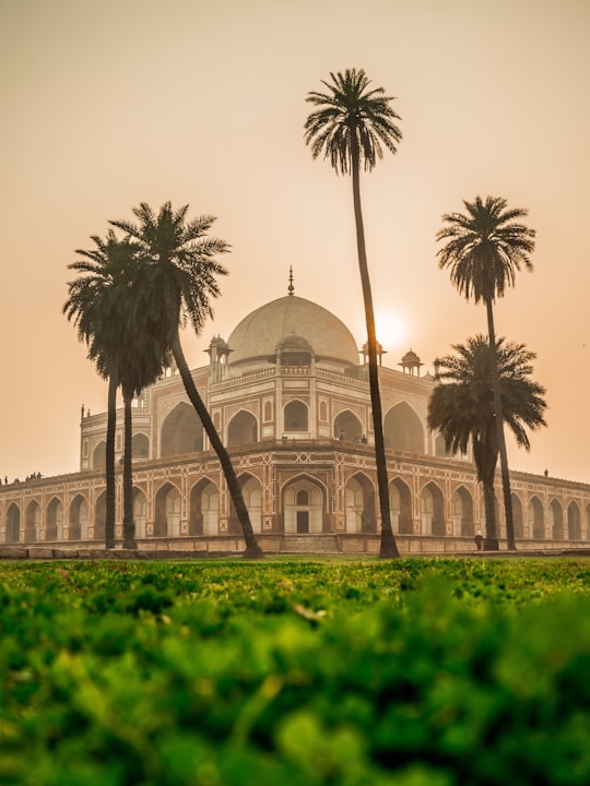 white and brown dome building near green and coconut tree grass at daytime in Humayun’s Tomb India