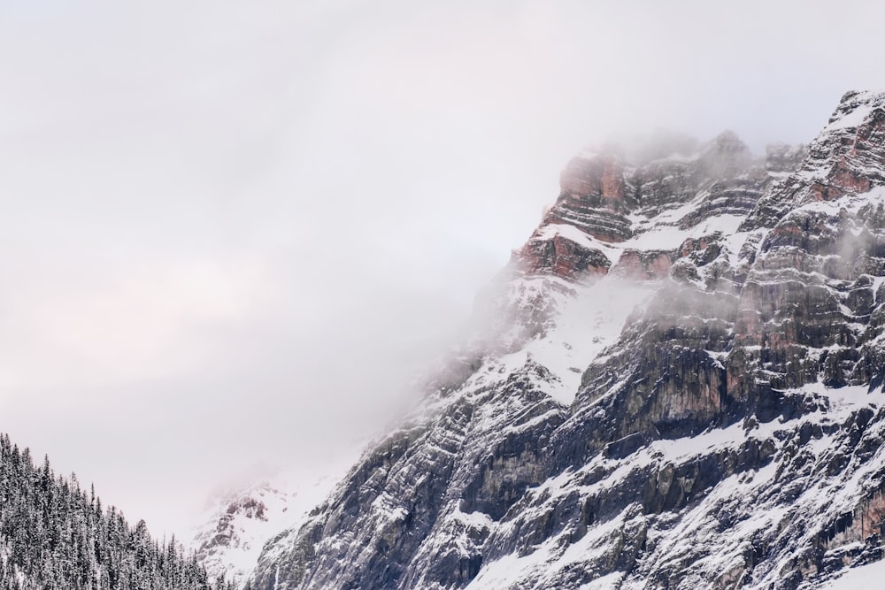 landscape photography of foggy snowy mountain