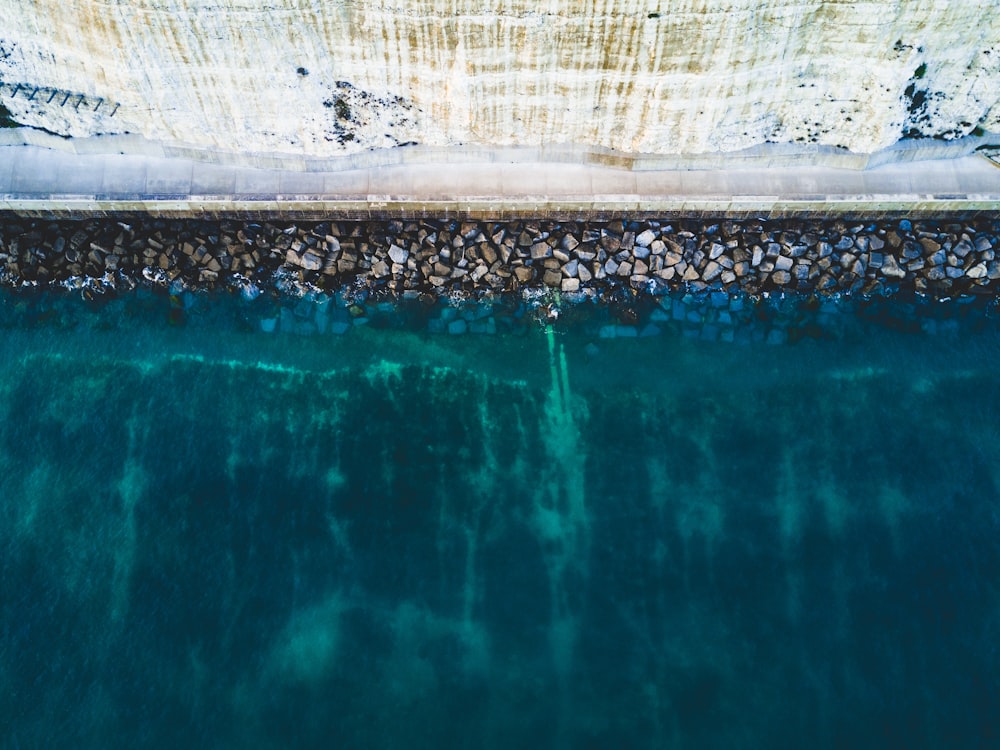 an aerial view of a body of water