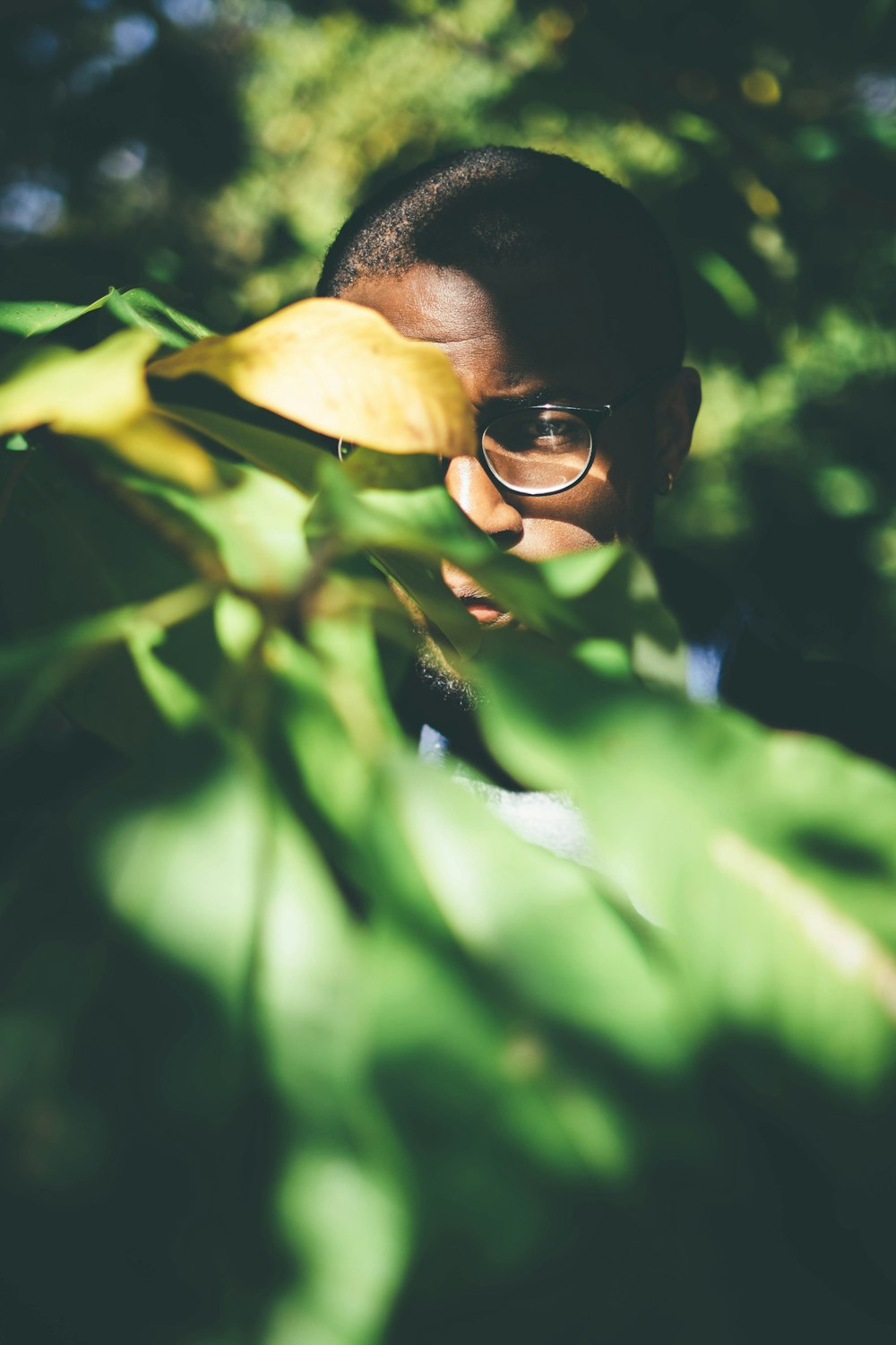 man in black eyeglasses behind plant leaf at daytime