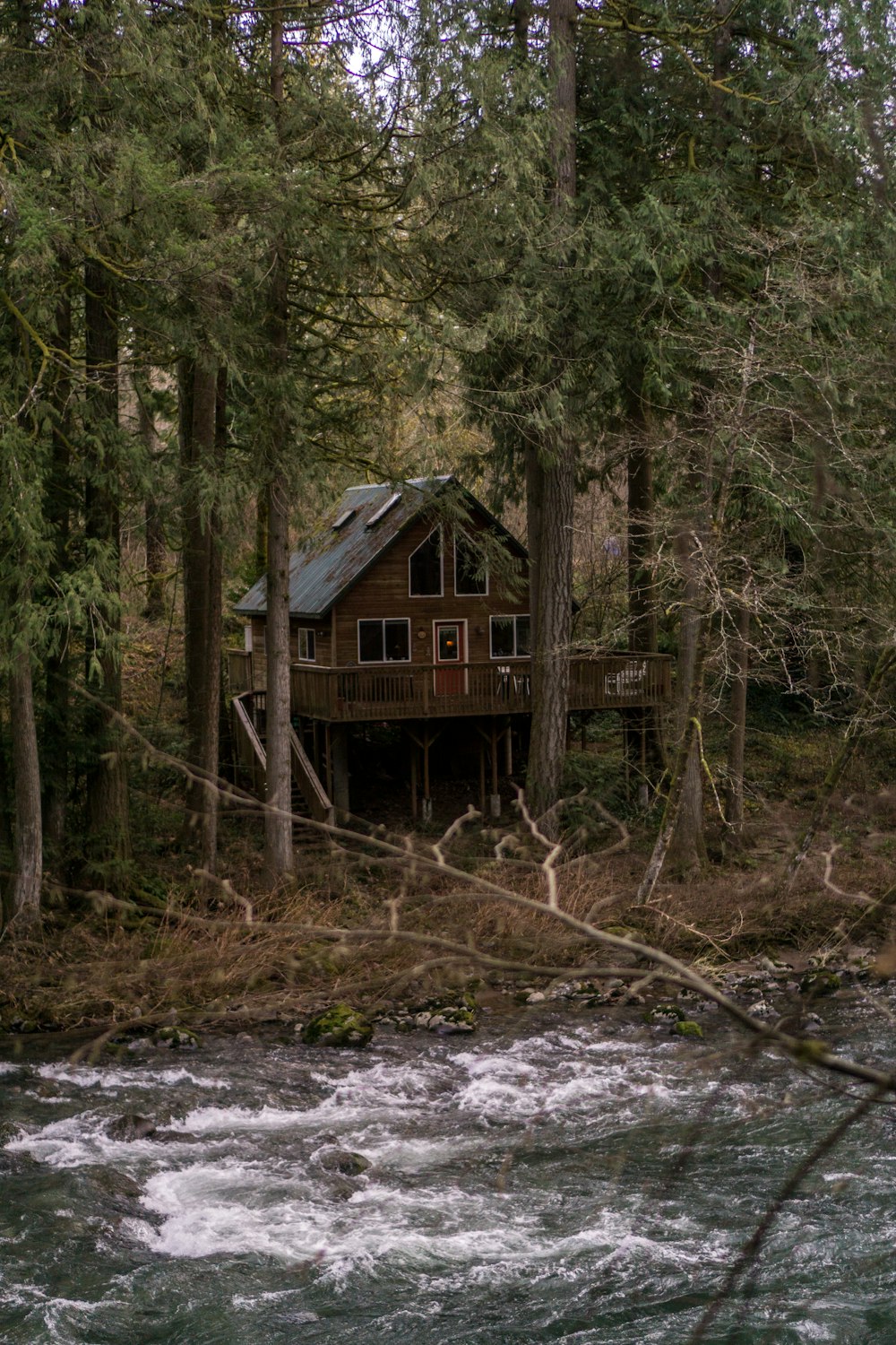 Río que fluye cerca de la casa y los árboles