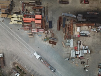 top view of truck trailers on junkyard