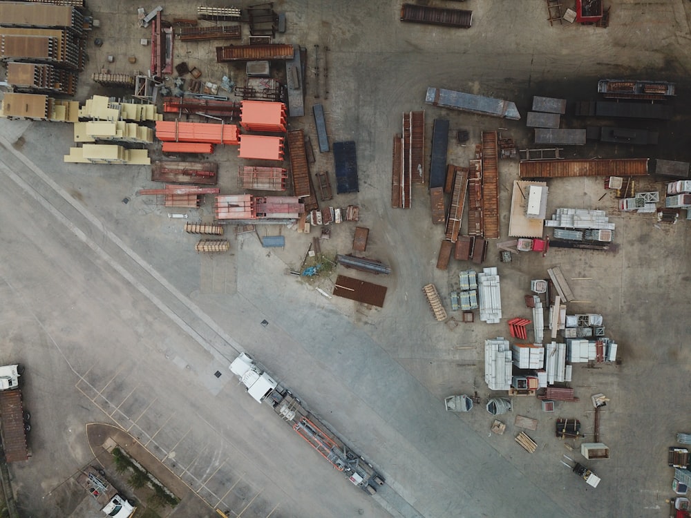 top view of truck trailers on junkyard