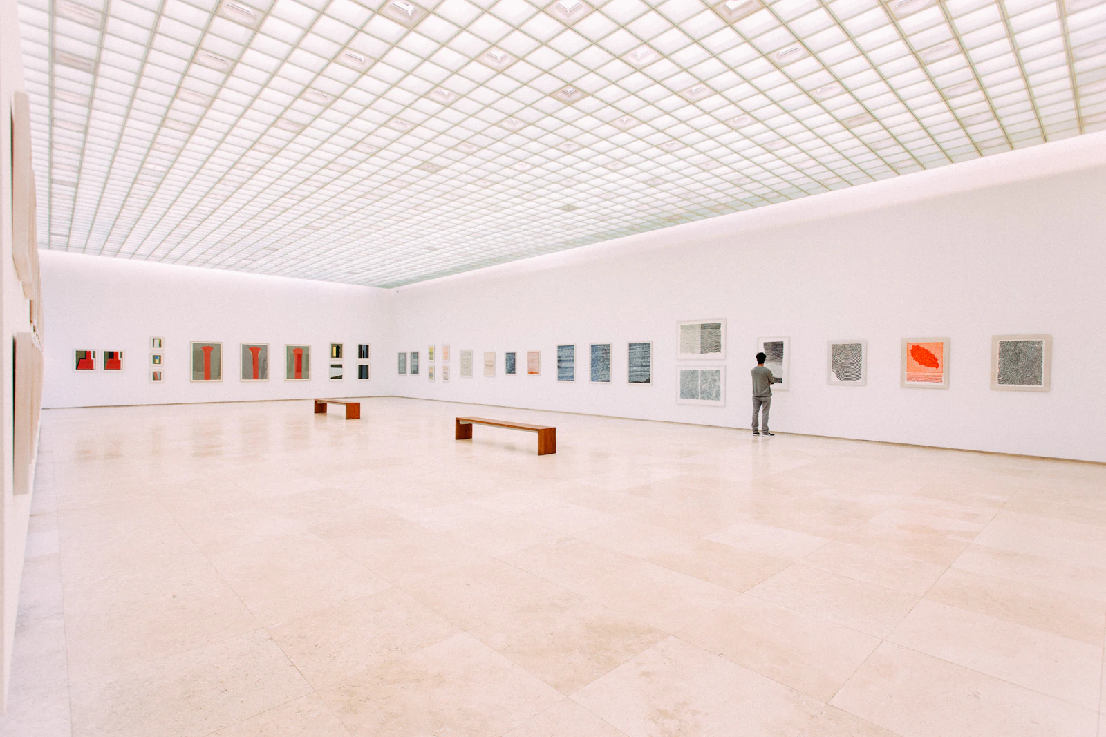 Visitor looking at a painting in a gallery