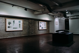A dimly lit art gallery features several framed art pieces mounted on a textured concrete wall. There is a black display stand in the center of the room with a curved glass top, possibly showcasing an item underneath. The lighting is focused on the walls, highlighting the artwork while casting the rest of the room in shadows.