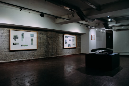 A dimly lit art gallery features several framed art pieces mounted on a textured concrete wall. There is a black display stand in the center of the room with a curved glass top, possibly showcasing an item underneath. The lighting is focused on the walls, highlighting the artwork while casting the rest of the room in shadows.