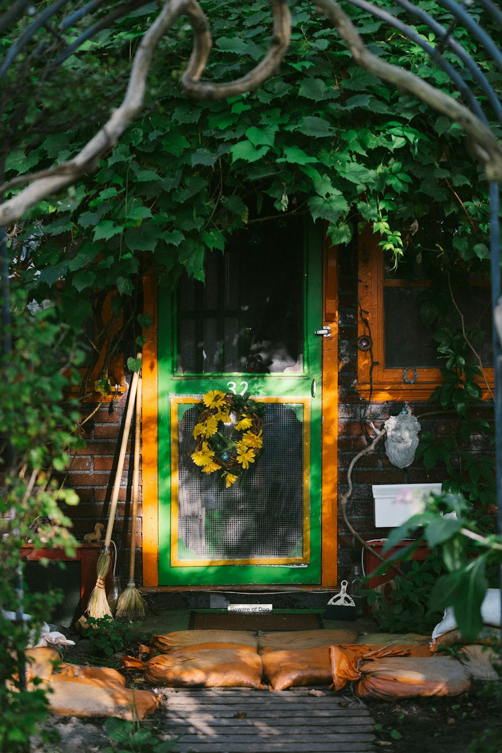 photo of green full-lite door with flower accent