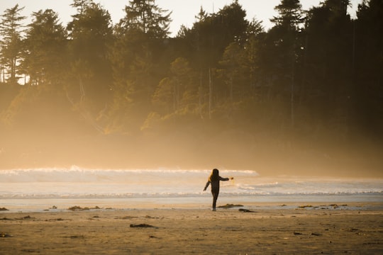 person playing with sand on seashore in Tofino Canada