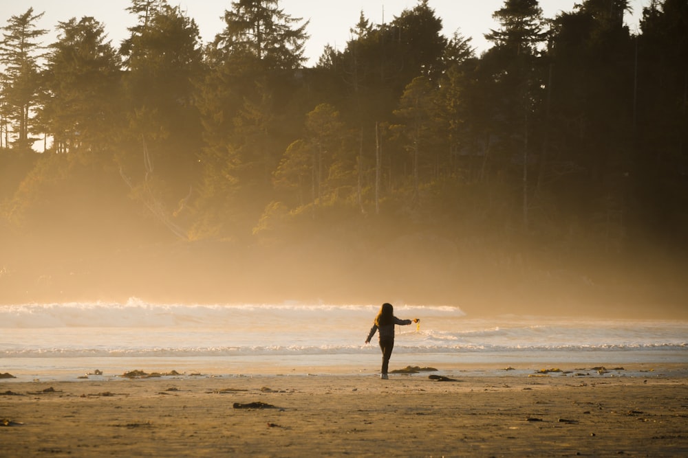 person playing with sand on seashore