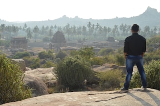 A vibrant photo of Lara Croft cosplay standing on a rocky cliff overlooking a lush jungle.