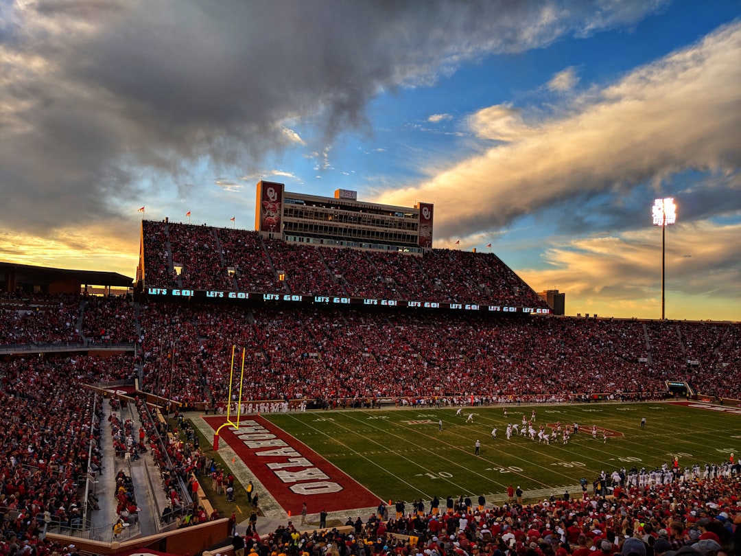 architectural photography of football field, Oklahoma Memorial Stadium