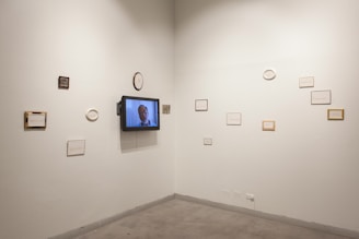 A vibrant gallery wall showcasing a variety of short video thumbnails in a modern office.