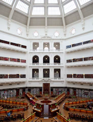 A detailed VR capture of a historic library’s grand reading room.