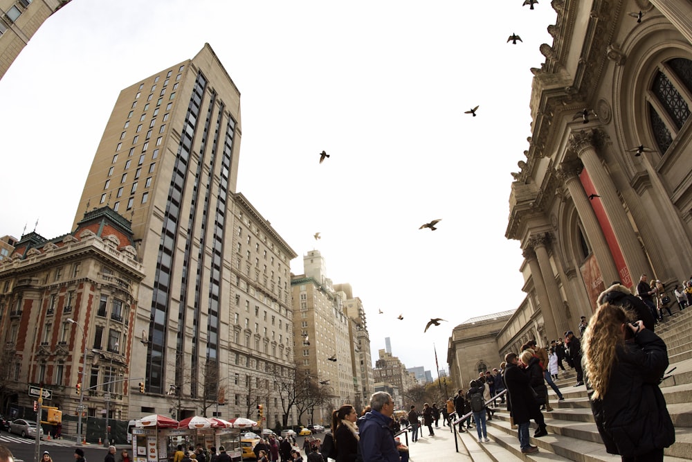 Personas caminando cerca de edificios de hormigón durante el día