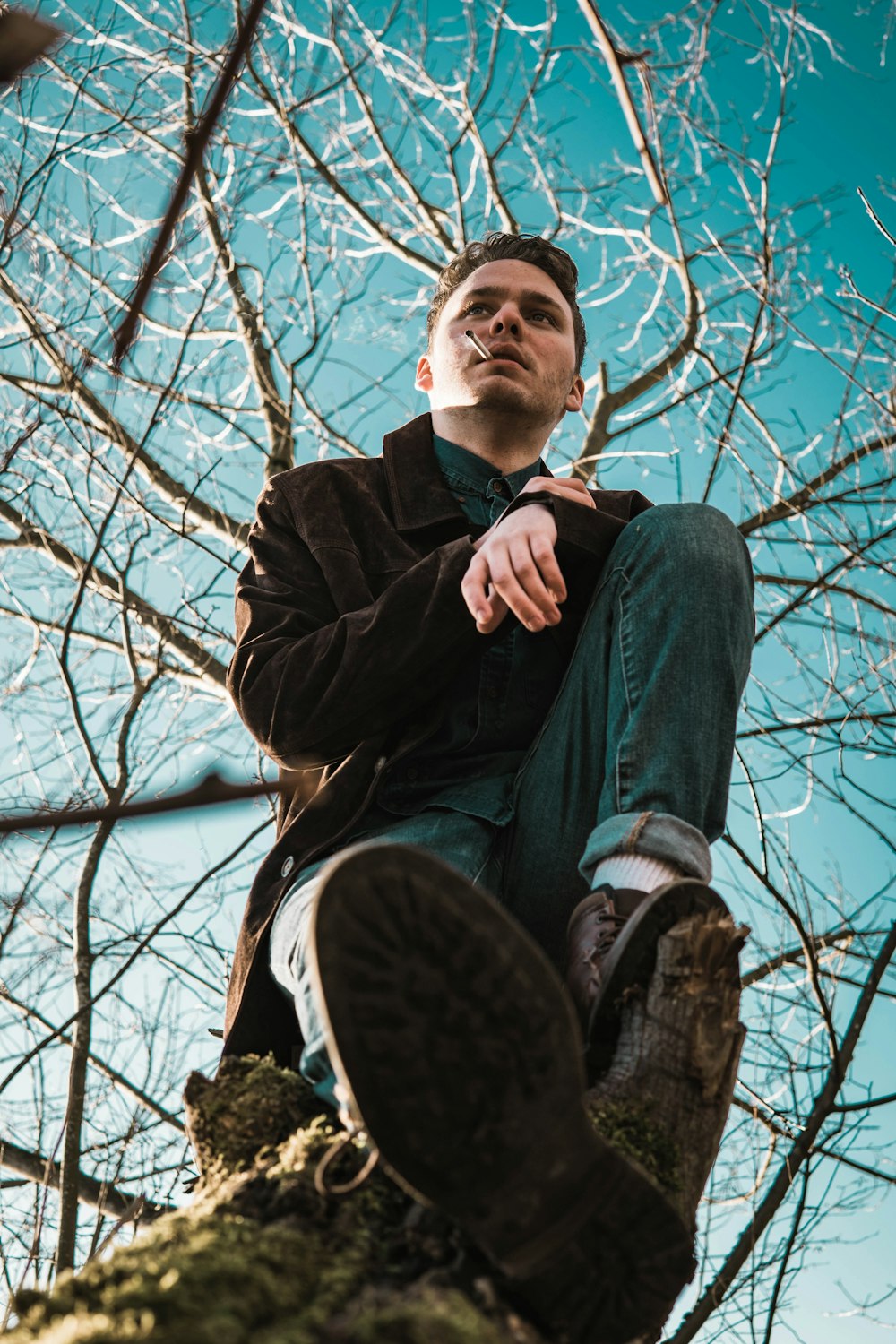 worm's-eye view photography of man sitting on tree