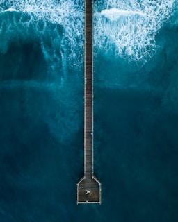 aerial photography of person standing on dock beside sea at daytime