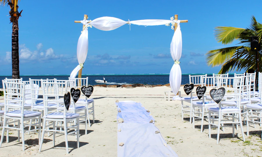 A wedding venue set up on the beach