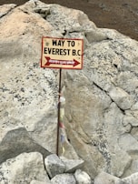 A signpost is directing the way to Everest Base Camp (B.C.), with text in English and Nepali. The sign is mounted on a metal pole with some colorful prayer flags attached to it. The background consists of large, rough, rocky terrain.