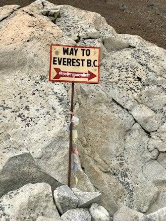 A signpost is directing the way to Everest Base Camp (B.C.), with text in English and Nepali. The sign is mounted on a metal pole with some colorful prayer flags attached to it. The background consists of large, rough, rocky terrain.