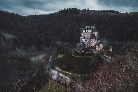 gray concrete castle surrounded by trees under gray skies in Eltz Castle Germany