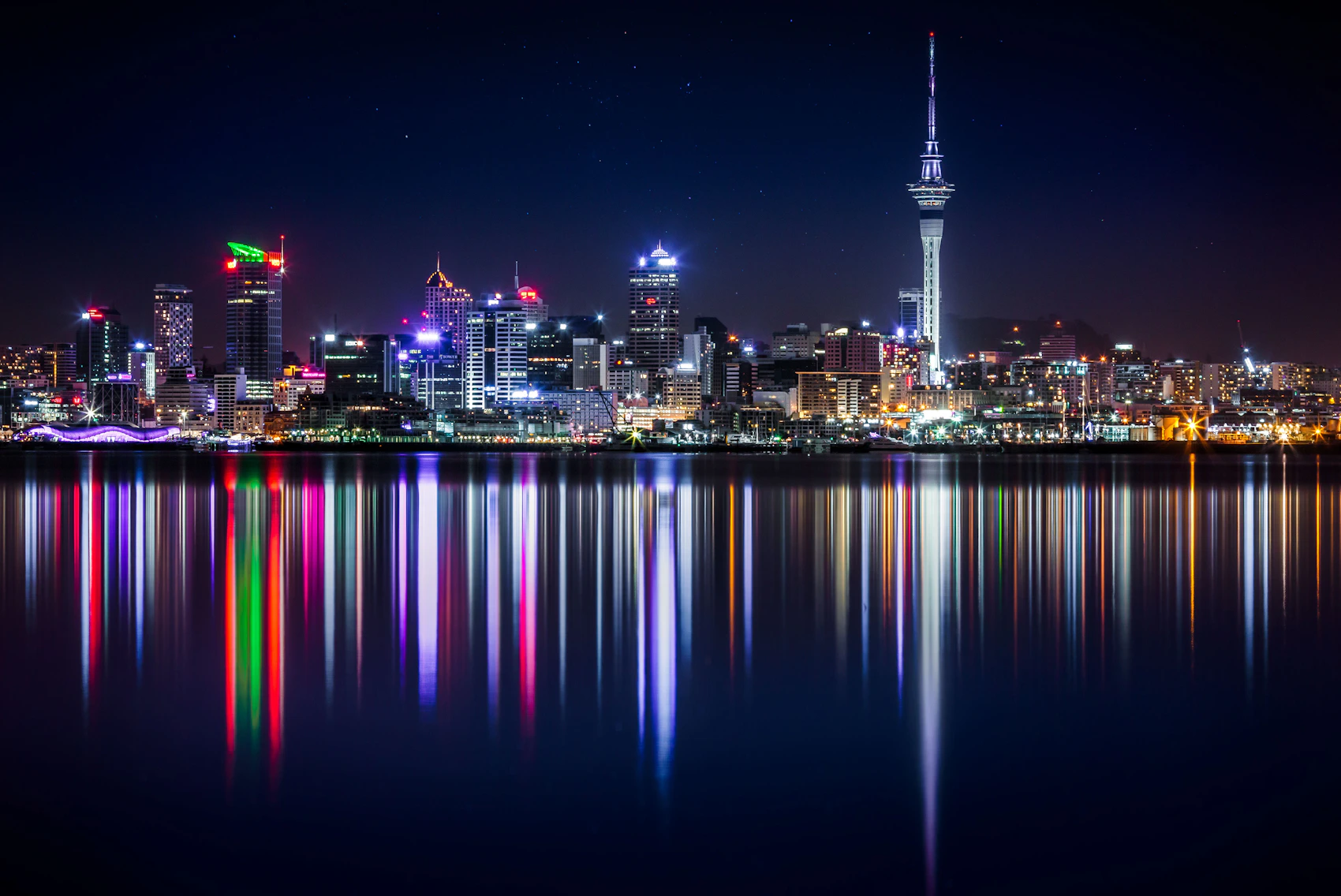 Auckland city and harbour glowing in evening light