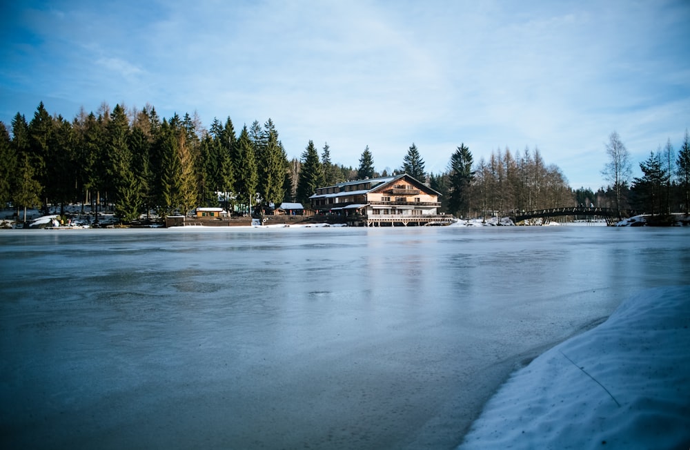 Haus in der Nähe eines Gewässers, umgeben von Bäumen