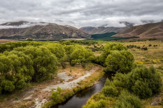 aerial photography of river and trees in Ben Ohau New Zealand