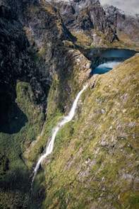 top view of lake with waterfalls