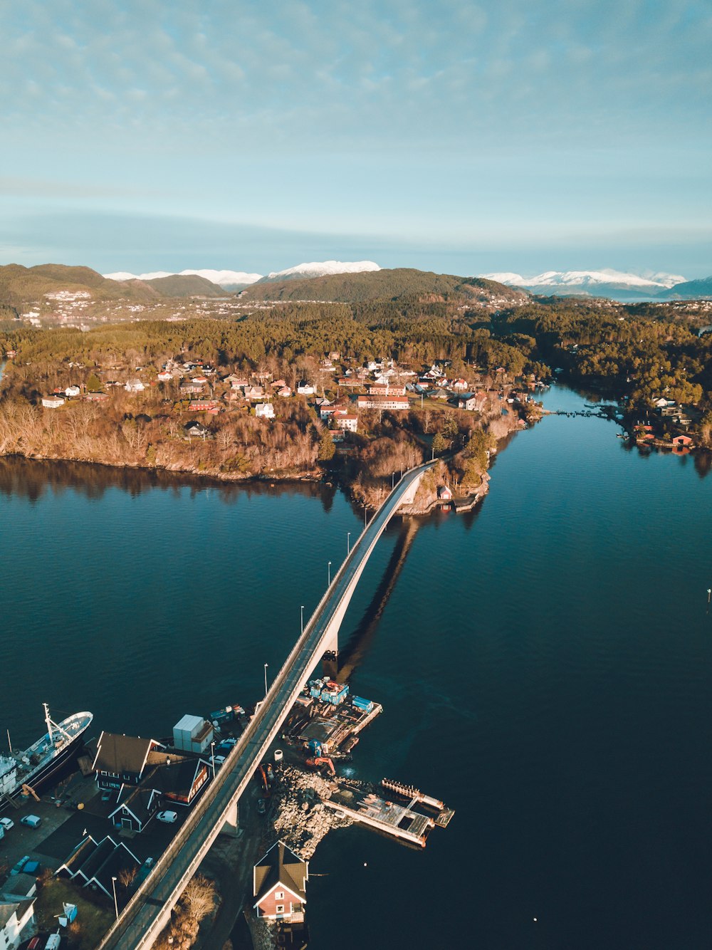 bird's eye view photography of bridge connecting island