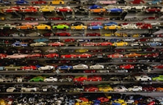die-cast car collection on rack
