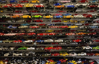 die-cast car collection on rack