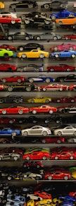 die-cast car collection on rack