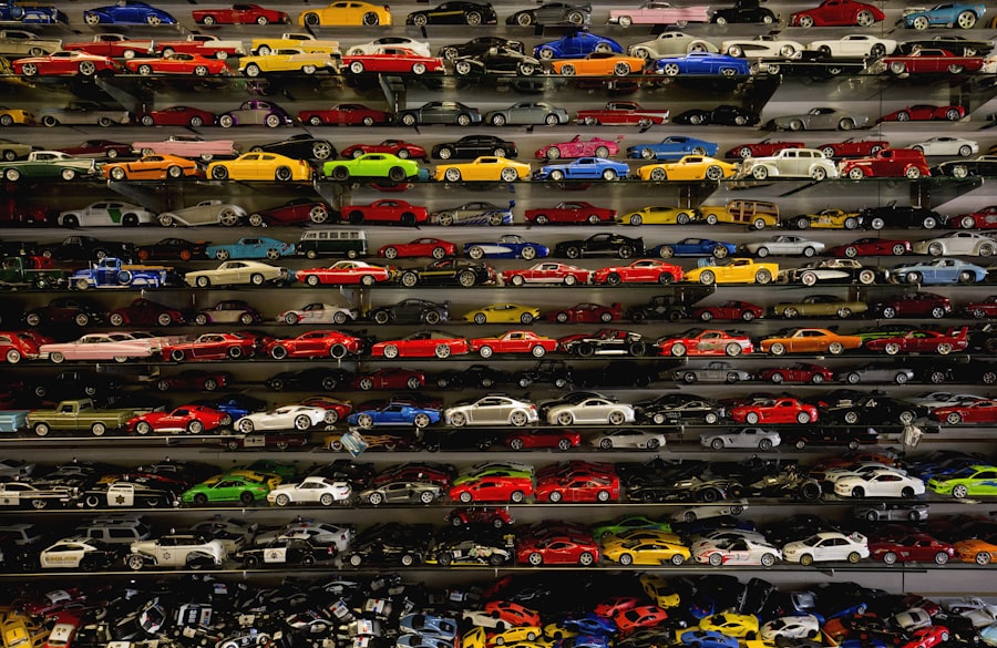 Toy cars on a store shelf waiting to be discovered