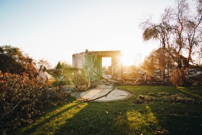 A sunlit scene of destruction where the remnants of a building stand amidst debris and charred trees. The sunlight casts long shadows over the grass, highlighting the stark contrast between the lush greenery and the scorched surroundings. The ruins suggest a recent fire, with twisted metal and collapsed walls framing the scene.