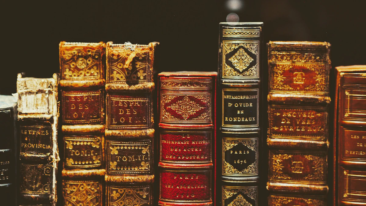 A row of ornate gilded antique book spines