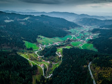 A scenic aerial view of lush green orchards and residential villas in a mountainous region.