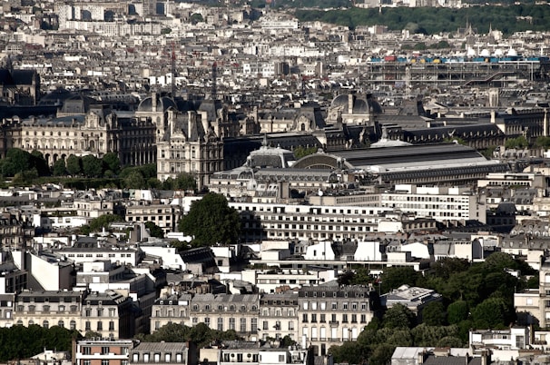 A bustling cityscape featuring a dense arrangement of historic buildings and modern structures. Prominent landmarks with intricate architectural details are surrounded by lush greenery and busy streets.